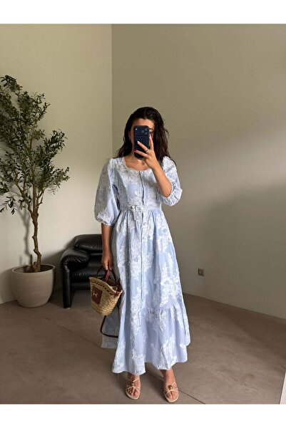 Bade Butik Blue Belted Balloon Sleeve Dress