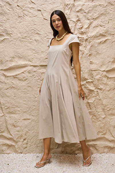KÜÇÜĞÜM BUTİK Cream Square Neck Short Sleeve Flowy Linen Dress