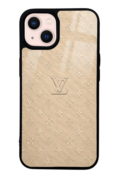 Spoyi iPhone 13 Bej Gold LV Tasarımlı Glossy Telefon Kılıfı