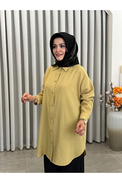 Tığ Triko OVERSİZE TENCEL GÖMLEK YAĞ YEŞİLİ