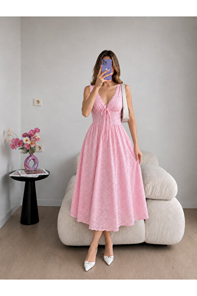 Ekim Store Fistolu Bağcıklı Askılı Uzun Elbise