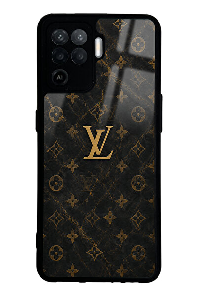 Spoyi Oppo Reno 5 Lite Black Mermer Gold LV Tasarımlı Glossy Telefon Kılıfı