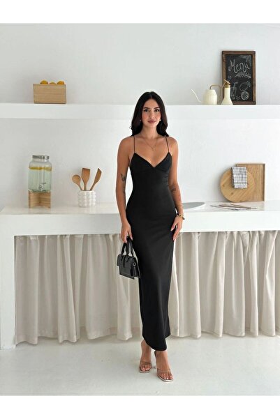 VELİZADE Women's Black Long Evening Dress with Rope Straps, Bodycon V-Neck, S...