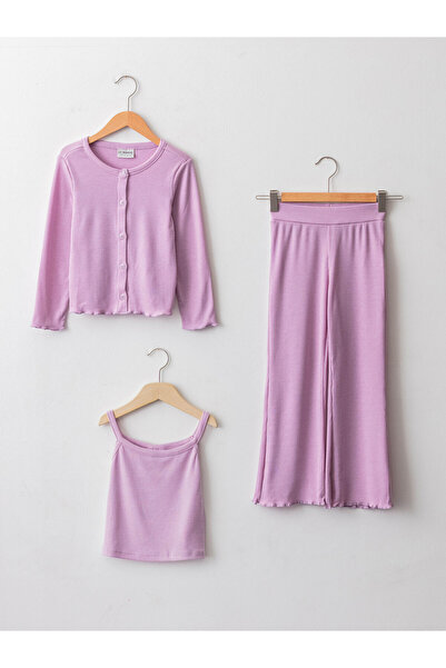 LC Waikiki Basic Girls Cardigan Undershirt and Trousers 3-Piece Set