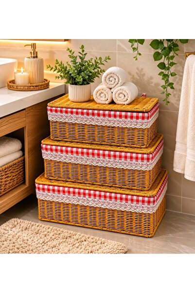 Senin Dükkanın 3'lü Kapaklı Ekoseli Hasır Rattan Organizer Sepet SIN221A