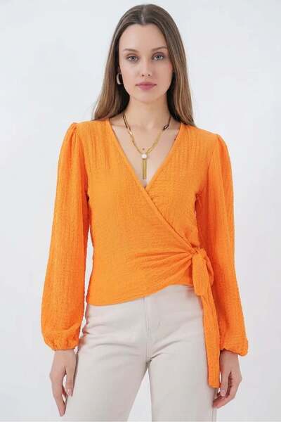 ALFA AKSESUAR 03 Women's V-Neck Belted Wrap Orange Blouse