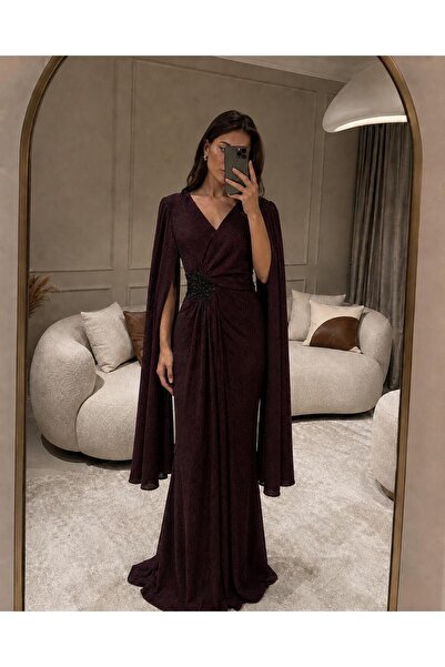 BROOKLYN STYLE Side Pleated Evening Dress with Cape Sleeves in Shimmer Fabric