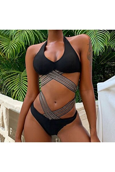 Bikini Siyah Çapraz Desenli Halter Mayokini Yüksek Bel Pareo Hediyeli