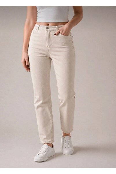 SAPAKTEKS High Waist Boyfriend Women's Jeans L Comfortable Fit L Denim L Beige