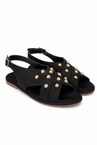 BonuStep Lusso Women's Black Cross-Strapped Suede Sandals with Gold Accessory...