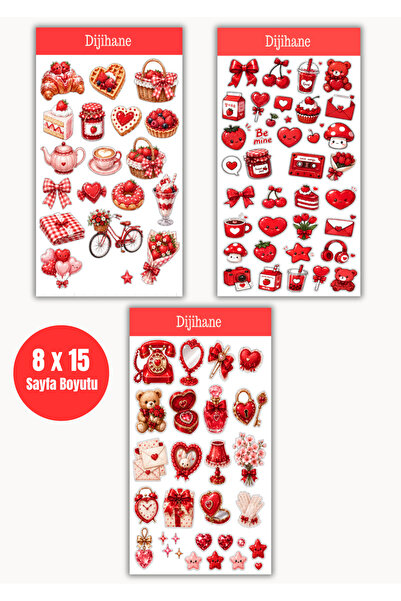 dijihane Kırmızı Coquette Sticker Seti 8x15 cm | Cherry, Kalp, Fiyonk ve Love...
