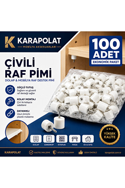 KARAPOLAT Çivili Raf Pimi Dolap Raf Tutucu Beyaz Pim (100 Adet)