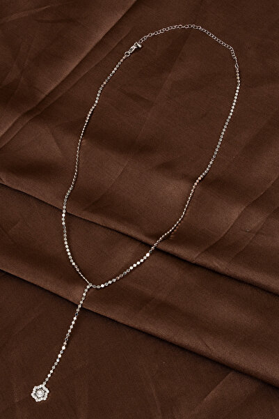 Süspüs Accessories Silver Y Necklace with Eye Figured Stones and Sequin Chain