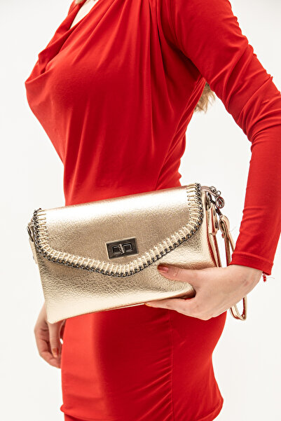 ROZA CANTA Gold Skin/Leather Women's Detailed Evening Dress Wedding Invitation Clutch Bag