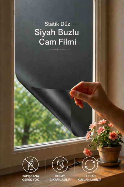 Deconitte Statik Düz Siyah Buzlu Cam Filmi 60x100 cm Yapışkansız Mahremiyet S...