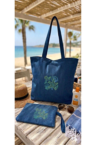 LTS bag Lts Bags Women's Blue Linen Beach Bag and Portfolio Handbag Set with ...