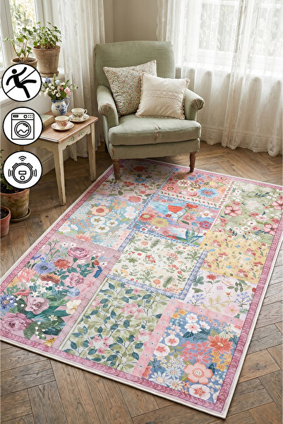 blcmoda Pembe Patchwork Floral Desen Baskılı Yıkanabilir Kaymaz Taban Halı Sa...