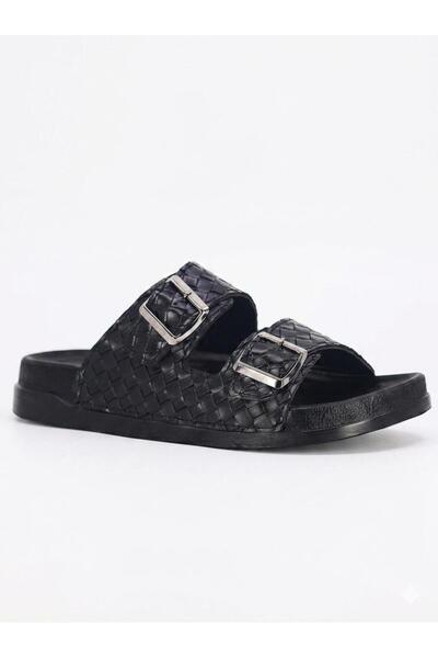 POLEN Bellamor Men's Black Knitted Textured Anatomical Sole Double Buckle Sli...