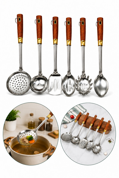 OEM HomeRoy – Set Ustensile Bucătărie 6 Piese, Inox cu Mâner Din Lemn Elegant