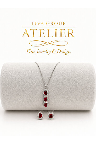 Liva Group Atelier Premium 2'li Takım Bordo Kare Taşlı Gümüş Renk Kolye Küpe ...