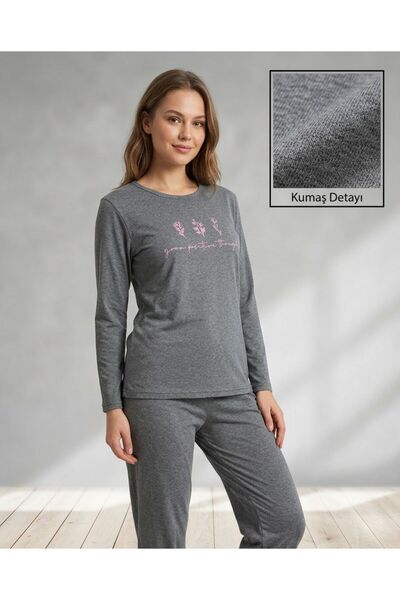 sleeproom Gray Plus Size Floral Patterned Pajama Set