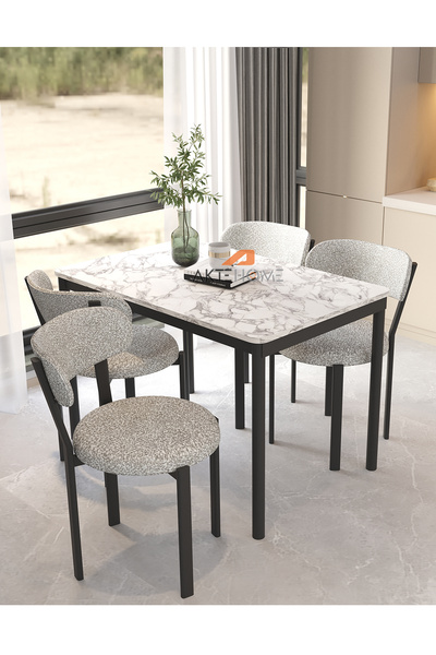 Aktehome Luna 4 Kişilik Mutfak Masa Sandalye Takımı 70x110 cm Beyaz Mermer