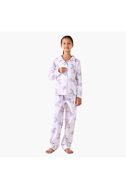 Juniors Cotton Collared Long Sleeves Pyjama Set with Unicorn Print