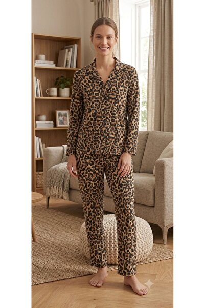 PİJAMOOD Kadın Pamuklu Leopar Desenli Beş Düğmeli Pijama Takımı