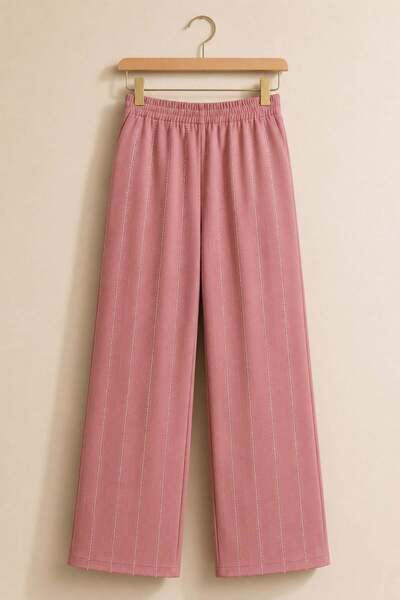 zepkids Girl's Stone Embroidered Wide-Leg Pants, Dusty Rose Color, Casual Sty...