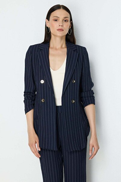 Ekol Striped Linen Jacket with Gathered Sleeves