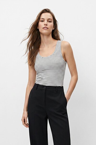 Rays White Zero Sleeve Crew Neck Striped Blouse 8631A