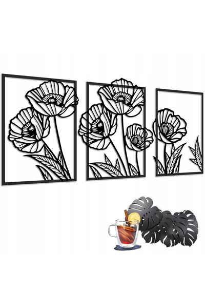 Naklejkomania Tablou 3D pentru perete triptic: Maci, modern, filigran, decora...