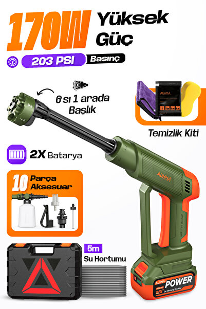 auhma ACR-10 Şarjlı Araç Yıkama Makinesi Yeşil 203 PSI 170W Basınçlı Oto Yıka...