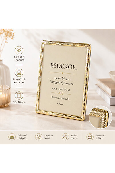 esdekor Gold Color Metal Photo Frame 13X18 cm 5X7 Inch Decorative Gift Deskto...