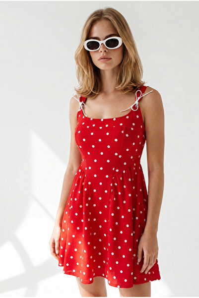 Olalook Women's Red Strap Bowknot Side Zipper Polka Dot Mini Dress Elb-19002680