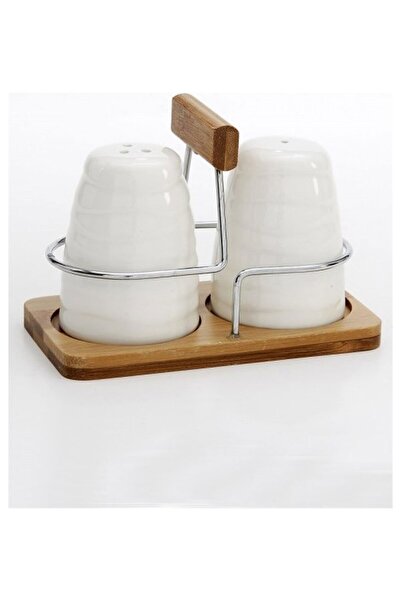 Fame Kıtchen Porcelain Double Salt and Pepper Shaker Set with Bamboo Stand