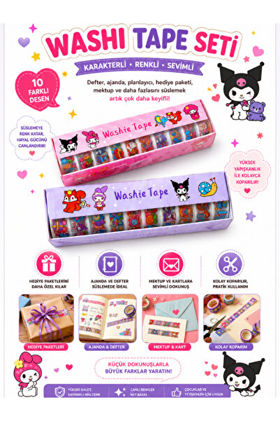 Pembe Pasaj Sanrio Temalı Washie Tape Seti – Sevimli Desenli Planlayıcı Bantl...