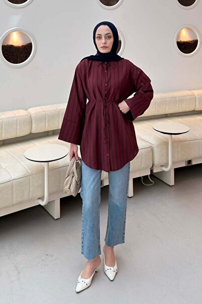 lamelif Çizgili Bağlamalı Gömlek Bordo