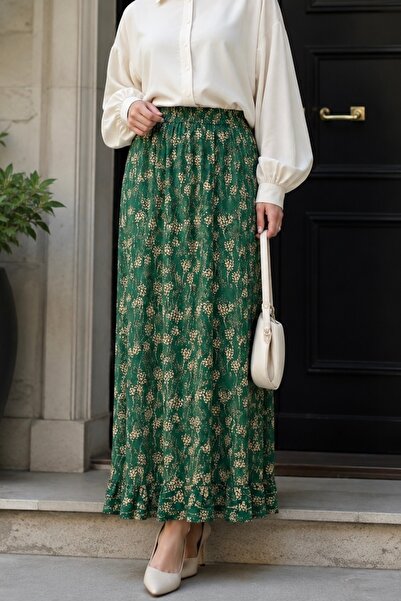 İmajButik Green Patterned Viscose Skirt with Elastic Waist