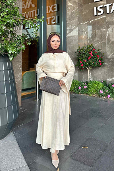 İmajButik Cream Shirt and Skirt Linen Set
