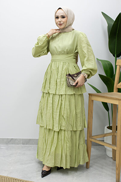 Tesettür Dünyası Tie Waist Layered Dress Tsd260239 Green