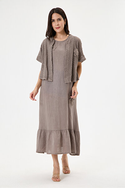 della moor Mink Italian Jacketed Long 100% Linen Dress Size 38 - 42