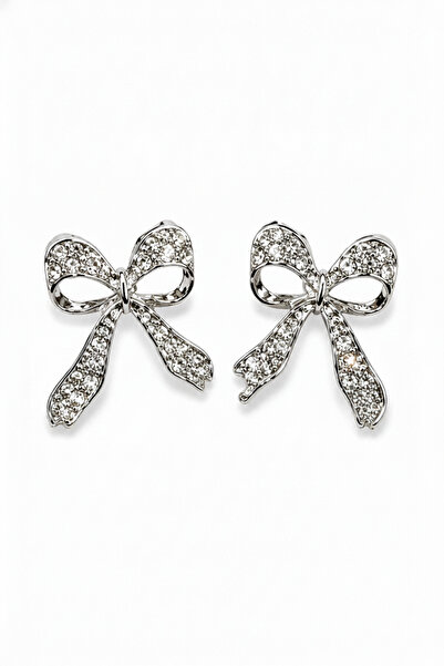 Jack Ferrero Pair of Zircon Stone Bow Design Earrings - Silver Color Stylish ...
