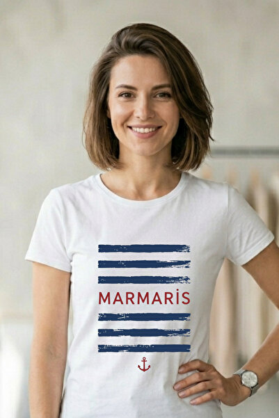 Baran Işık Marmaris Marine Themed Striped and Anchor Printed Unisex T-Shirt