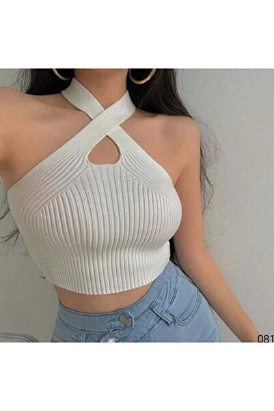 Modafeminen Bluză tricotată cu guler halter TR081 Albă