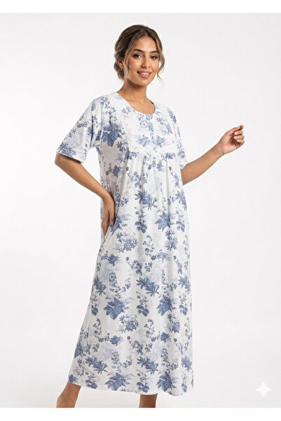 Noom Nightwear Long Cotton Nightgown with Floral Print