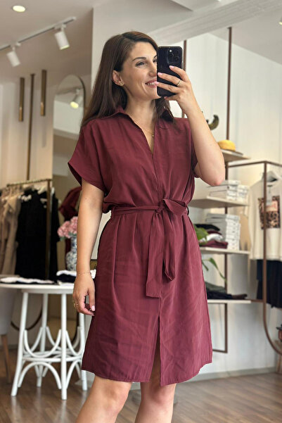 Unique Boutique Burgundy Modal Fabric Midi Dress with Belted Waist