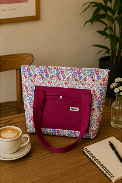 MIORA BAG Çiçek Desenli Bordo Cepli Omuz Çantası – El Yapımı Geniş Hacimli Gü...
