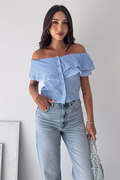 Noa&Noa Ženska bluza sa gingham uzorkom, madona kragnom, kratkim rukavima, de...