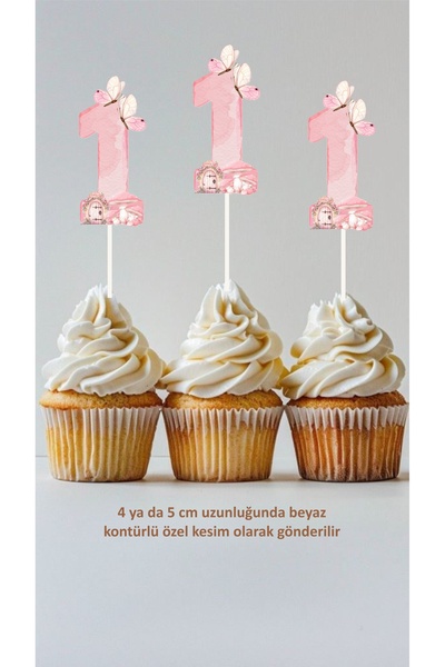 Sinek Kupası Tasarım Pink Butterfly 1 Year Old Themed Concept Toothpick Cupca...